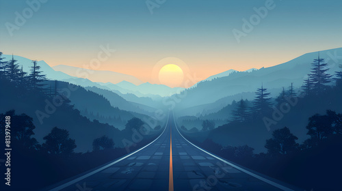 Misty Morning Highway: Symbolizing Journeys and the Unknown Ahead Flat Design Icon Illustration