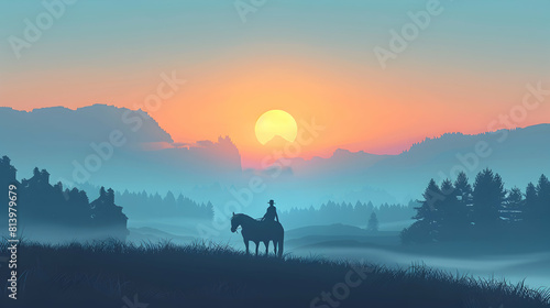 Simple flat design icon: Misty Morning Horse Ride   Illustration of a horse and rider emerging from the morning mist, embodying freedom and the spirit of early rides © Gohgah