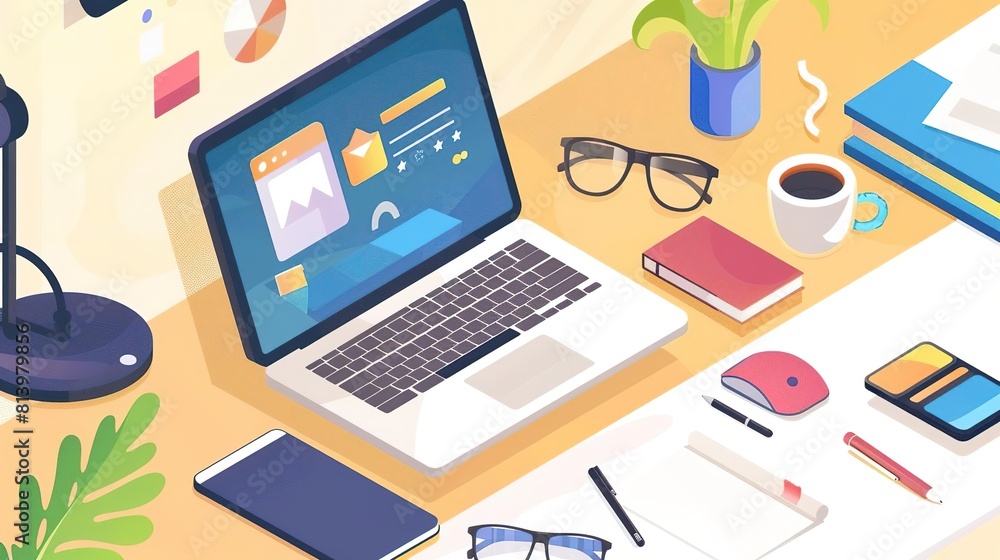 isometric illustration of a desk with a laptop, coffee cup, books, glasses, and other office supplies isometric illustration of a desk with a laptop, coffee cup, books, glasses, and other office supplies