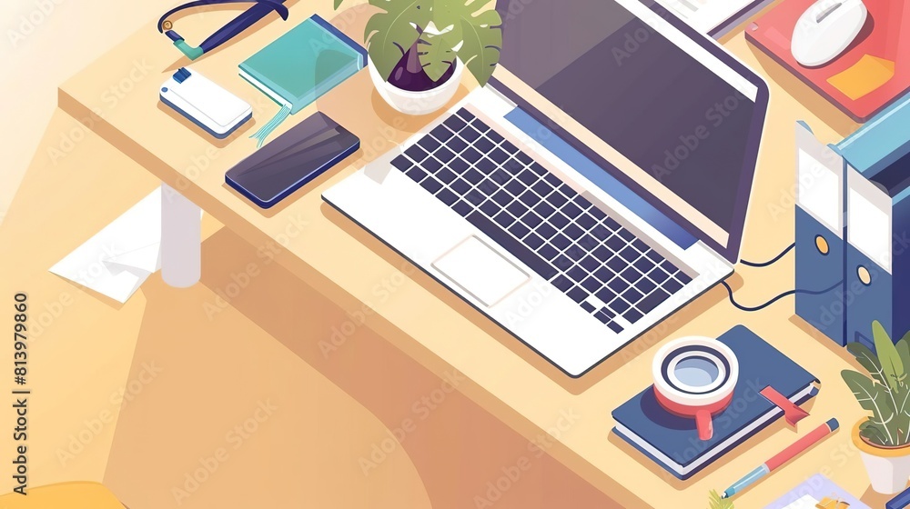 isometric illustration of a desk with a laptop, books, and other office supplies. The desk is viewed from a top-down perspective. isometric illustration of a desk with a laptop, books, and other office supplies. The desk is viewed from a top-down perspective.