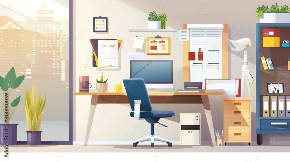 A modern office with a large window, a desk, a chair, a computer, a printer, and a filing cabinet. The desk is covered in paperwork and there are plants on the windowsill. A modern office with a large window, a desk, a chair, a computer, a printer, and a filing cabinet. The desk is covered in paperwork and there are plants on the windowsill.