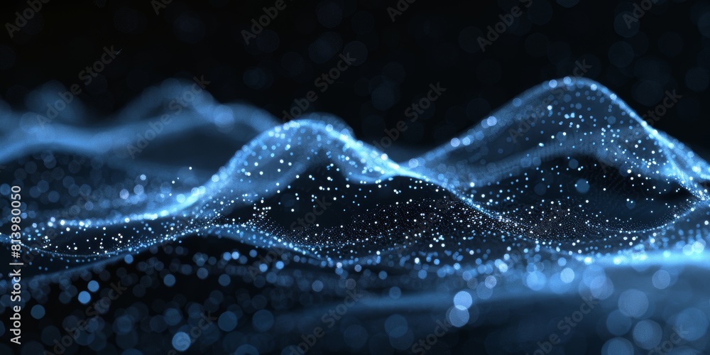 Abstract blue wave of dots and lines on a black background, digital technology concept for data science or artificial intelligence Abstract blue wave of dots and lines on a black background, digital technology concept for data science or artificial intelligence