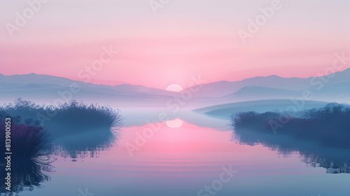 Misty Riverside Morning: A tranquil riverside shrouded in mist at dawn. Flat design icon with gentle water sounds. Flat illustration concept.
