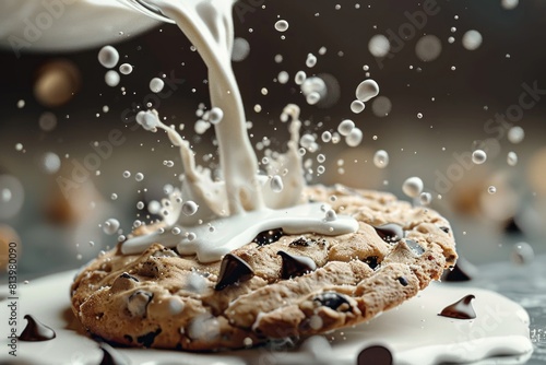 Delicious chocolate chip cookie being poured with fresh milk. Perfect for food and dessert concepts