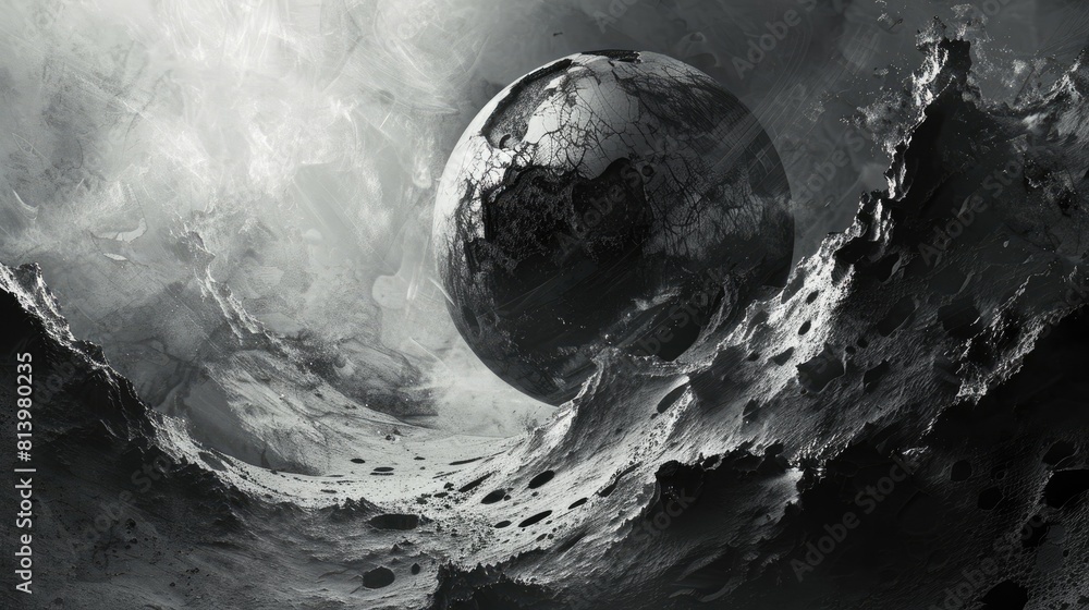 Obraz premium A captivating 3D render of abstract black and white art showcases a monochrome background featuring a surreal depiction of a damaged planet Earth moon or asteroid in a spherical form comple