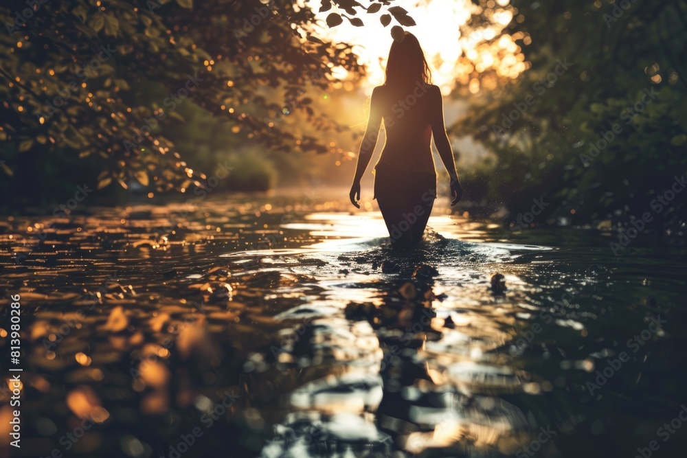 A serene image of a woman walking in the water at sunset. Perfect for nature and relaxation themes A serene image of a woman walking in the water at sunset. Perfect for nature and relaxation themes