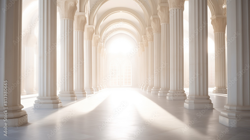 The sunlight shines through columns in a long and white corridor The sunlight shines through columns in a long and white corridor
