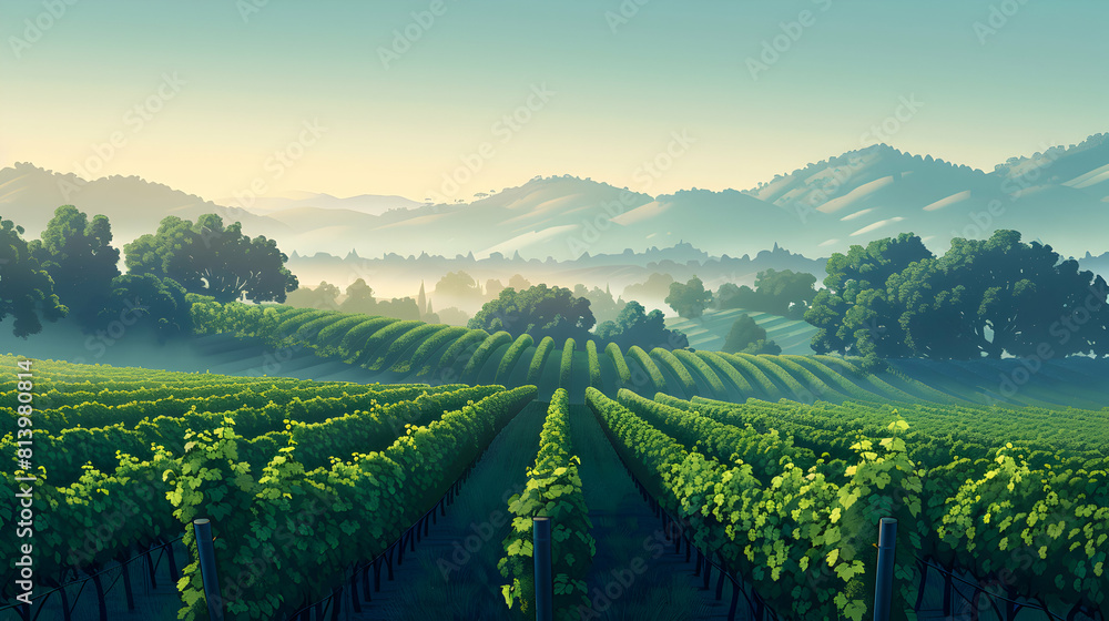 Morning Mist Over Vineyards: Capturing the Serene Beauty of Wine Country in a Simple Flat Design Icon