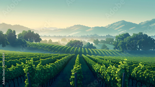 Morning Mist Over Vineyards: Capturing the Serene Beauty of Wine Country in a Simple Flat Design Icon