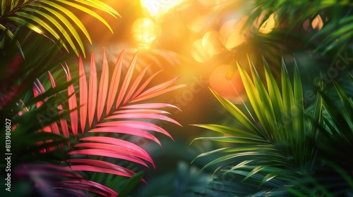 a unfocused realistic photo tropical summer seaside background with a bright and gold leafy background with shadows of pink, green, YELLOW style	 photo