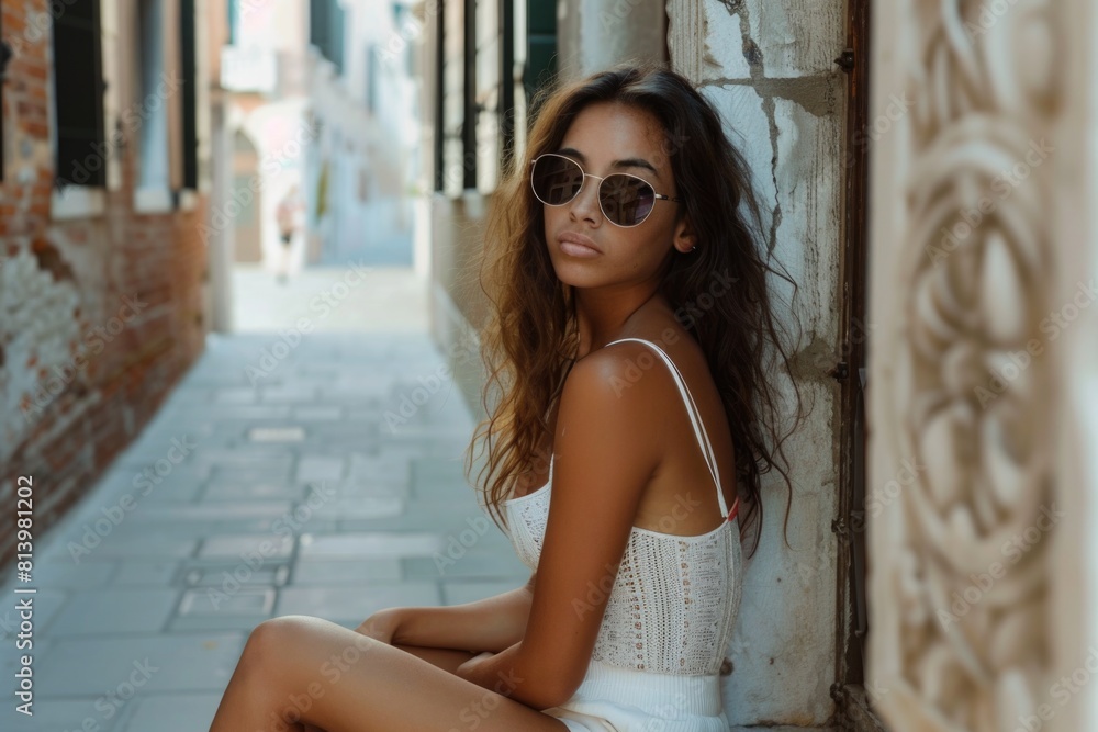 Fototapeta premium A beautiful young woman sitting on the side of a building. Ideal for urban lifestyle concepts