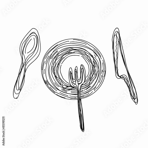 Fork Spoon Knife Silverware Kitchen Utensil Set, hand drawn line art isolated on white background