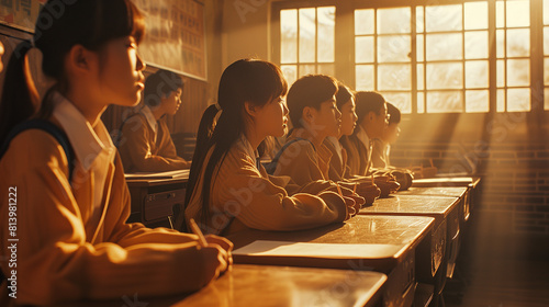 In their classroom  young Chinese students sit at their desks  basking in the bright golden rays of the sun.