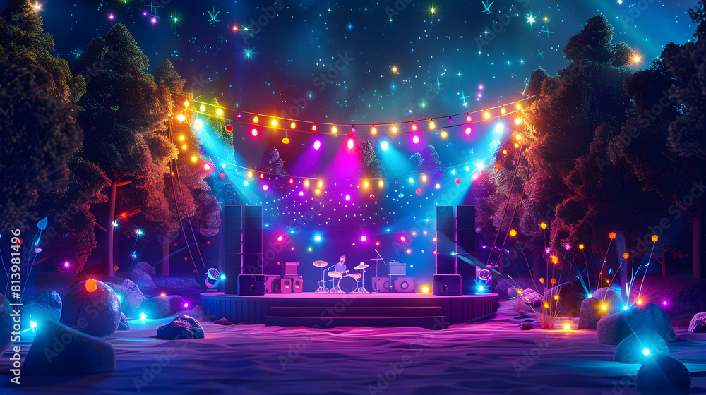 Nighttime Pride Festival: Celebrating LGBTQ+ Pride Under the Stars with Music, Dance, and Colorful Lights   Flat Icon Design Illustration