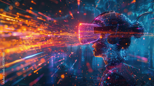 Person in Virtual Reality Environment Surrounded by Streams of Digital Data and Visual Effects Immersive Virtual Reality User Experiencing a Futuristic Digital Universe