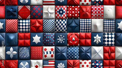 Patriotic Quilt Pattern Tiles in Flat Design: Traditional Quilt Patterns in Patriotic Colors for an American Touch