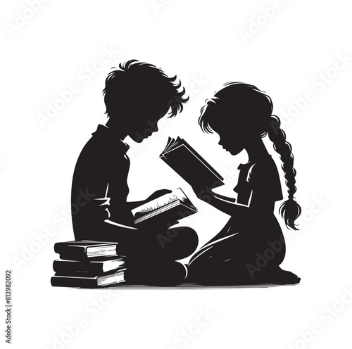 boy and girl reading book silhouette  illustration collection