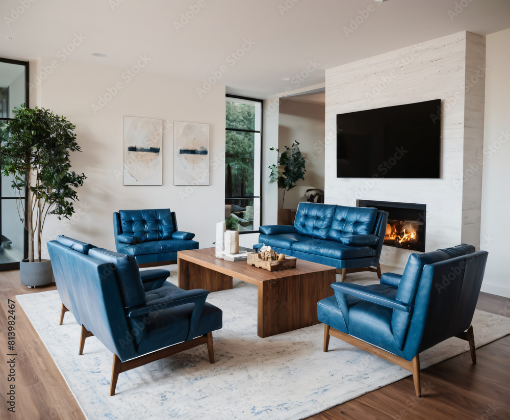 Mid-century style home interior design of modern living room. White sofa and blue leather chairs near wooden coffee table. Mid-century style home interior design of modern living room. White sofa and blue leather chairs near wooden coffee table.