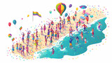 Pride Beach Party: Exuberant Celebration with Diverse Crowd, Music, Dancing, and Beach Games   Flat Design Icon Illustration