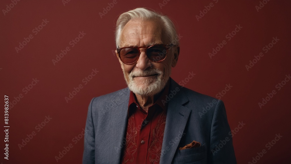 Gray-haired elderly man in stylish club clothes on a red background. Gray-haired elderly man in stylish club clothes on a red background.