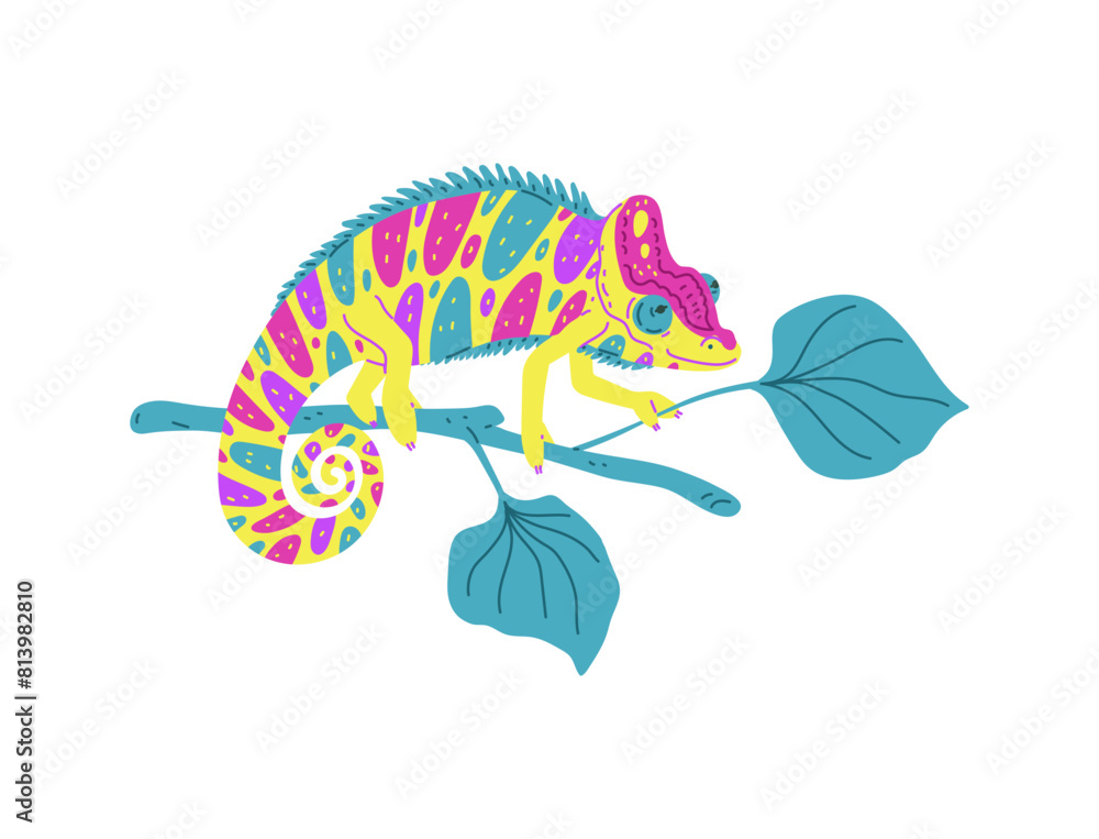 Fototapeta premium Cute multi-colored spotted chameleon on branch with leaves, vector cartoon tropical lizard predator animal, exotic guana