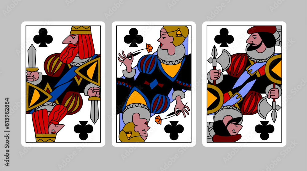 Clubs suit playing cards of King, Queen and Jack in funny modern colorful linear style. Vector illustration Clubs suit playing cards of King, Queen and Jack in funny modern colorful linear style. Vector illustration