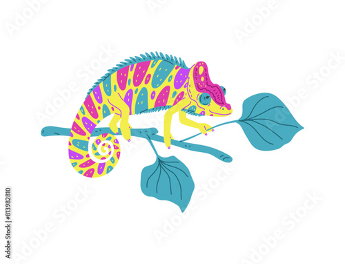Cute multi-colored spotted chameleon on branch with leaves, vector cartoon tropical lizard predator animal, exotic guana