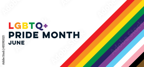 LGBTQ+ Pride Month Banner with Rainbow Flag Background. Pride Month Web Banner Vector Illustration with Pride Flag Background and Colourful Text. 