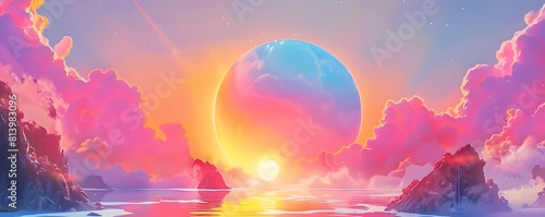 A Fantastical Sunrise Dreamscape with Exaggerated Colors and Shapes Evoking a Sense of Wonder and Magic