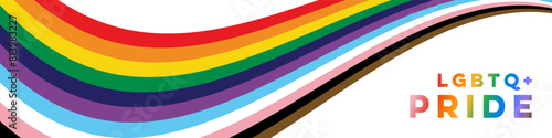 Pride Month Banner with Rainbow Background Design Element. LGBTQ+ Pride Month Web Banner with Colorful Text and Abstract Pride Flag Background. 