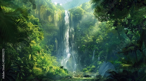 A magnificent waterfall cascades down a lush emerald forest where a vigorous stream meanders from a towering cliff The verdant summer scenery paints a picture of tropical paradise nestled i