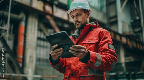 Focused male engineer in hard hat and red jacket using a tablet at an industrial site with metal structures. © Natalia