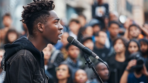 A young African man passionately speaking into a microphone at a public event, with a diverse crowd listening intently in the background. photo