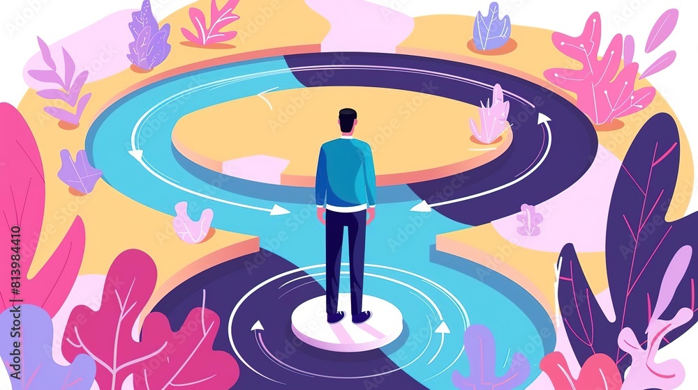 A man standing in front of two paths. He is wearing a blue shirt and jeans. The paths are made of blue and purple. The background is white. A man standing in front of two paths. He is wearing a blue shirt and jeans. The paths are made of blue and purple. The background is white.