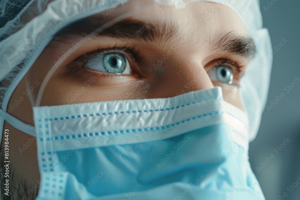 Close up of a person wearing a surgical mask. Suitable for healthcare and medical concepts Close up of a person wearing a surgical mask. Suitable for healthcare and medical concepts