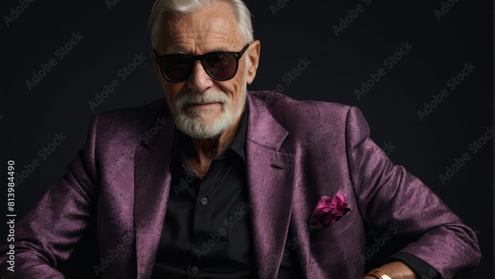 Fototapeta premium Gray-haired elderly man in stylish club clothes on a black background.