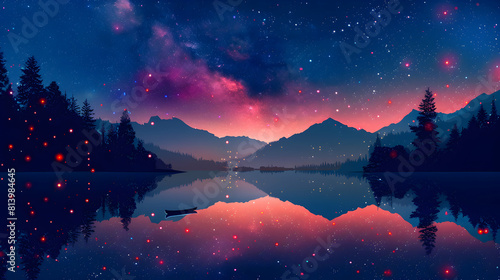 Starlit Lake Serenity Tranquil Lake and Starlit Skies Reflecting the Cosmos Flat Design Icon Concept