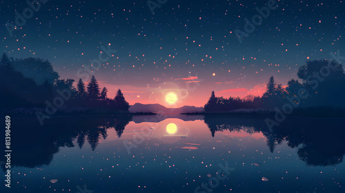 Starlit Lake Serenity: Tranquil Lake Reflections Under Starlit Skies   Flat Design Icon with a Cosmic View © Gohgah
