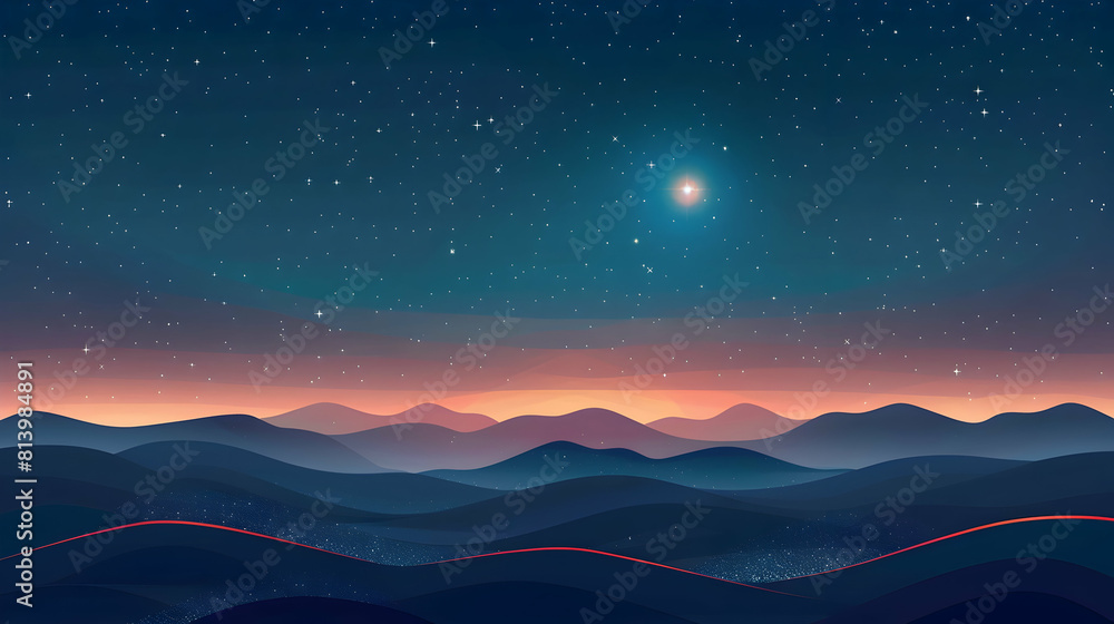 Starry Sky Over Rolling Hills: Peaceful night scene with gentle hills under a starry sky, ideal for peaceful ambiance and relaxation.