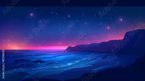 Stars Over Coastal Cliffs: Bright Twinkling Icons Illuminate Rugged Coastal Landscape in Striking Flat Design Illustration
