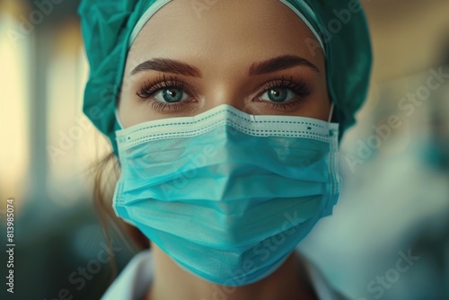 Close up of a person wearing a surgical mask. Suitable for healthcare concepts