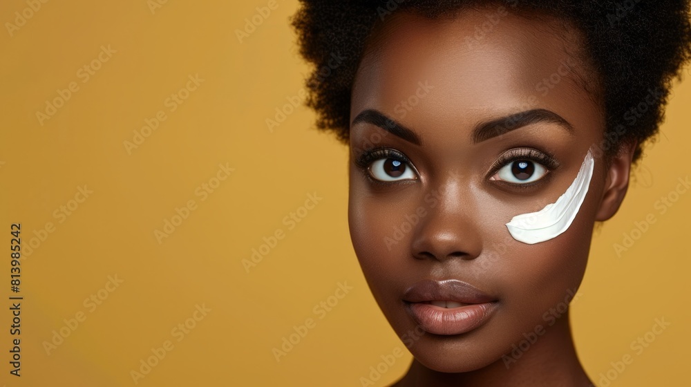 Half-faced portrait of a black woman using facial cream, staring into the camera, perfect for beauty and skincare ads, space for text Half-faced portrait of a black woman using facial cream, staring into the camera, perfect for beauty and skincare ads, space for text