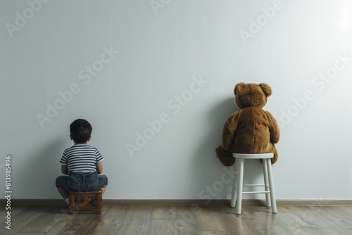 A poignant image of a young boy and his teddy bear sitting on stools facing a wall, illustrating a timeout scene.