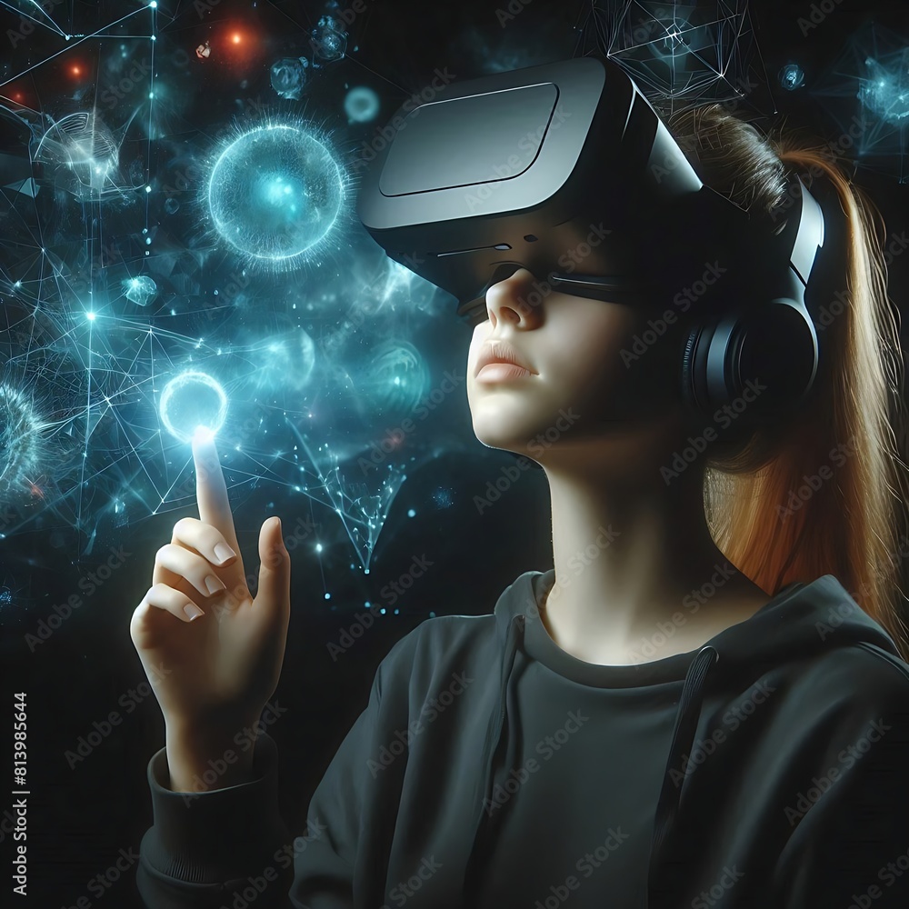 Girl Wearing VR Headset for Looking Metaverse World Hologram, Virtual Reality Digital AI Technology Illustration Image Generative AI Girl Wearing VR Headset for Looking Metaverse World Hologram, Virtual Reality Digital AI Technology Illustration Image Generative AI