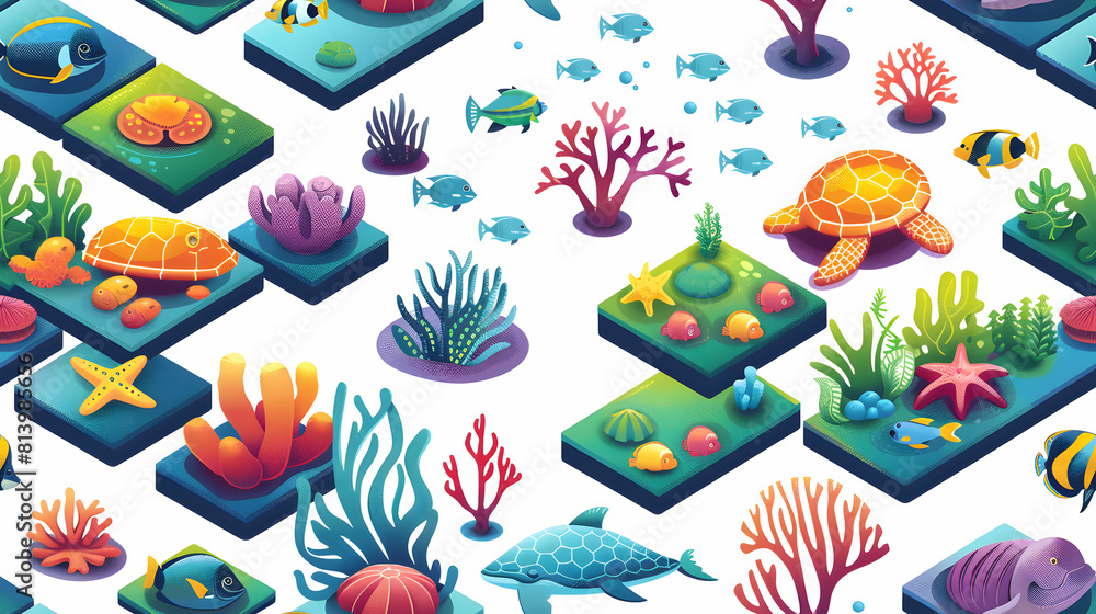 Undersea Adventure: Vibrant Flat Design Icons Depicting Colorful Marine Life and Treasures Flat Illustration Tiles Concept Undersea Adventure: Vibrant Flat Design Icons Depicting Colorful Marine Life and Treasures Flat Illustration Tiles Concept