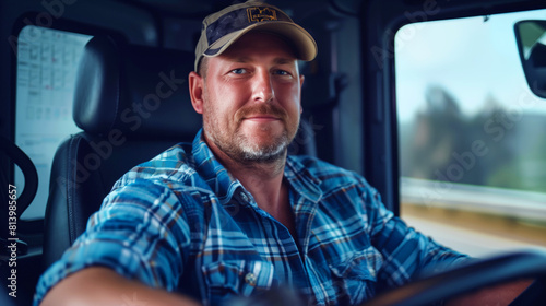 Confident male truck driver in a blue plaid shirt and camo cap smiling while driving. © Natalia
