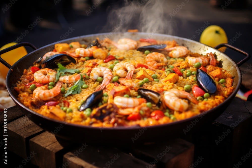 Paella in a frying pan on a wooden board Paella in a frying pan on a wooden board