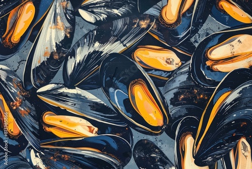 Close up of a bunch of mussels, perfect for seafood concepts
