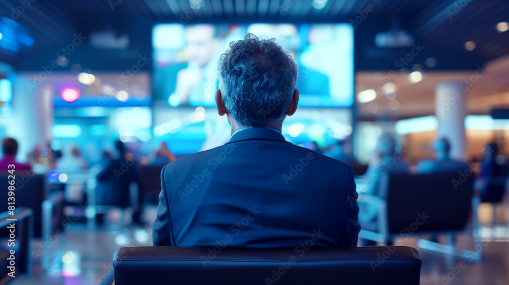 View of a man watching a news broadcast on large screens in a public space, surrounded by other viewers. View of a man watching a news broadcast on large screens in a public space, surrounded by other viewers.
