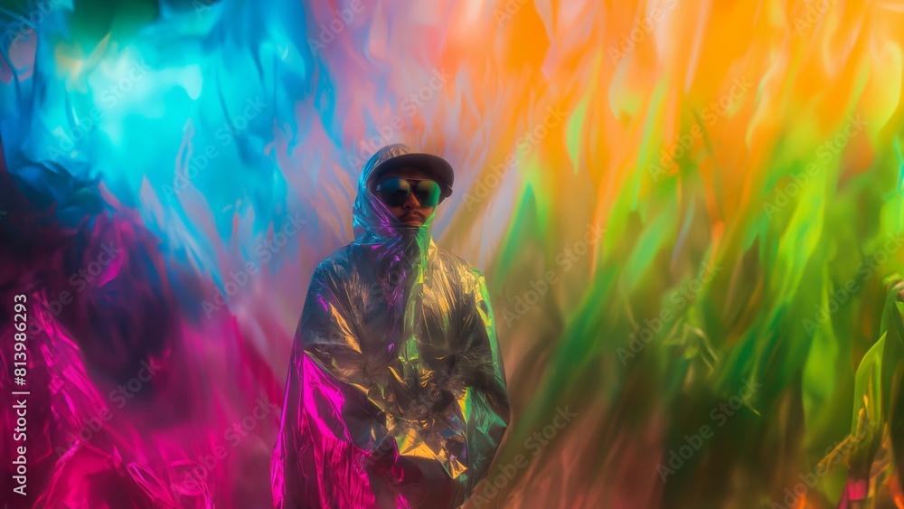 Mann im Ganzkörper Anzug aus aluminium Folie zum Schutz vor Bestrahlungen in leuchtenden bunten Farben